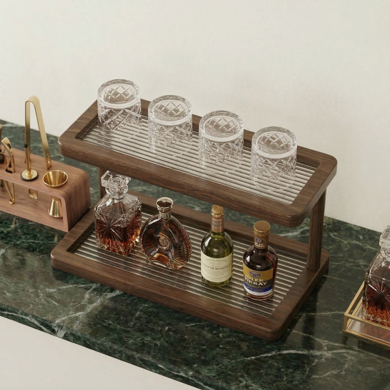 Two-Tier Walnut Bar Display & Glassware Organizer