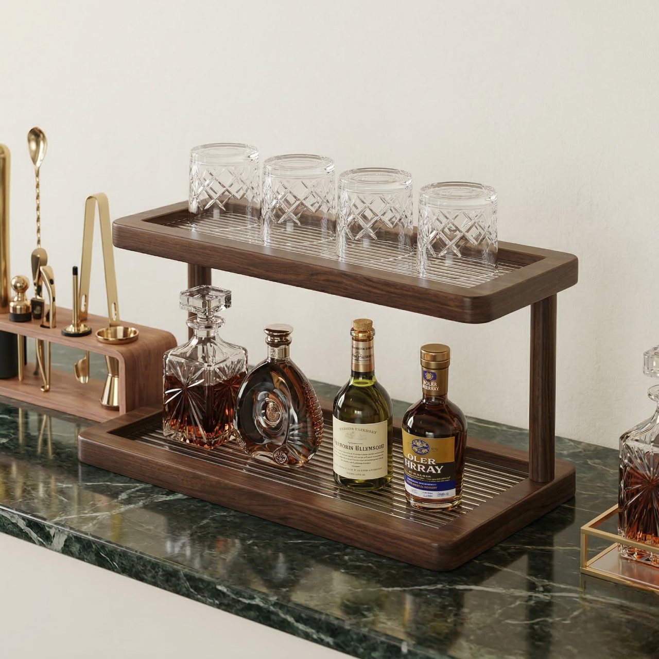Two-Tier Walnut Bar Display & Glassware Organizer