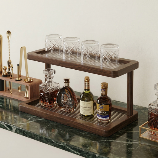 Two-Tier Walnut Bar Display & Glassware Organizer